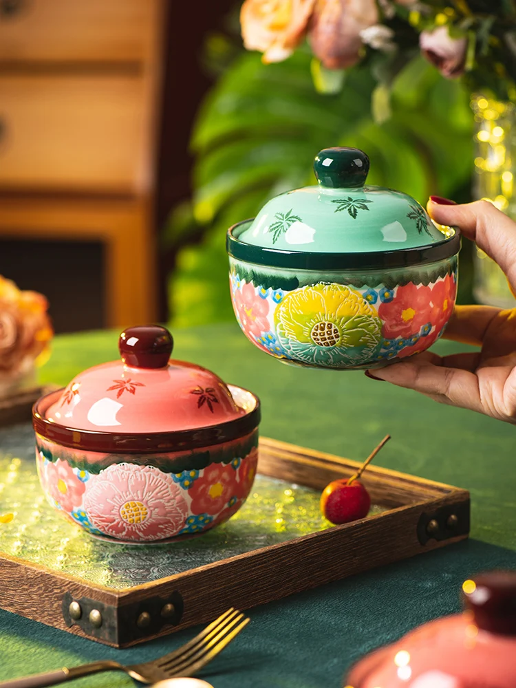 

Retro Cerc Bowl with Lid for Home Use New 2025 High Aesthetic Value Sted Egg Soup Bowl Porrie Bowl Stew Pot Dert Bowl