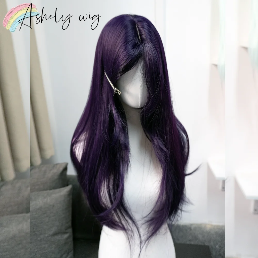 Ashely Wig with Curtain Bangs 26inch Dark Purple Wigs Lolita Long Layered Straight Lace Wig for Daily Use Deguisement Femmes image 4