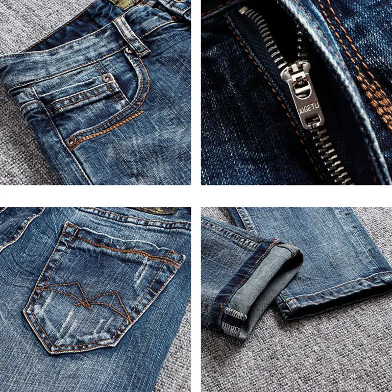Street Fashion Men Jeans Retro Blue High Quality Stretch Straight Slim Fit Ripped Jeans Men Vintage Designer Denim Pants Hombre
