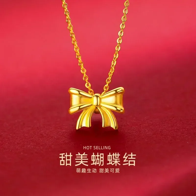 Eldorado Gold  9999 Real Gold 24K Girl Bow Pendant Necklace Simple Niche Premium Bow Necklace Pendant