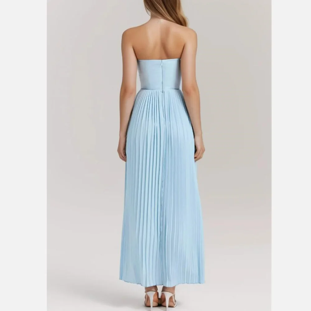 2024 Sexy Deep V Collar With Pad Corset style Long Strapless Dress Women Low Waist Pleated Pleated Hem Swing Chiffon Party Robe