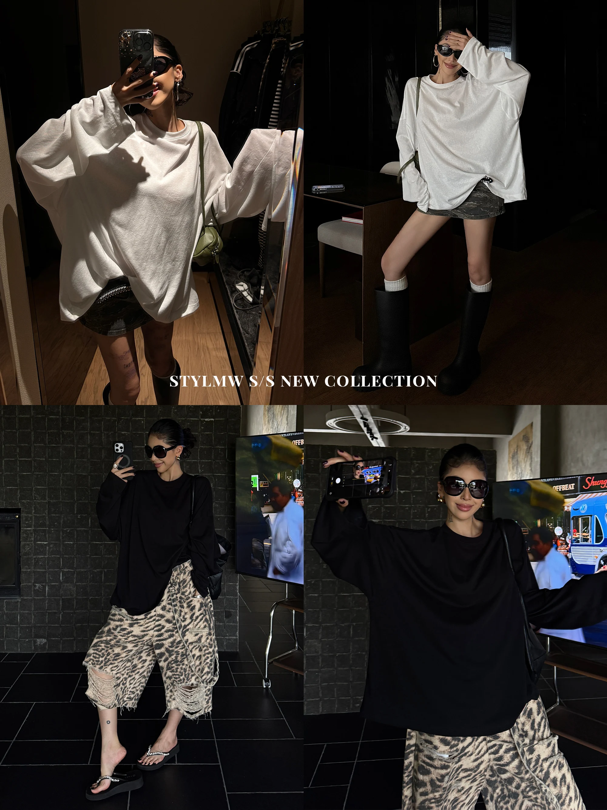 STYLMW Jingzi Lazy Style  Color round Neck Heavy Long Sleeve Women's T-shirt Summer Slimming Inner Wear Two-Way Wear Top
