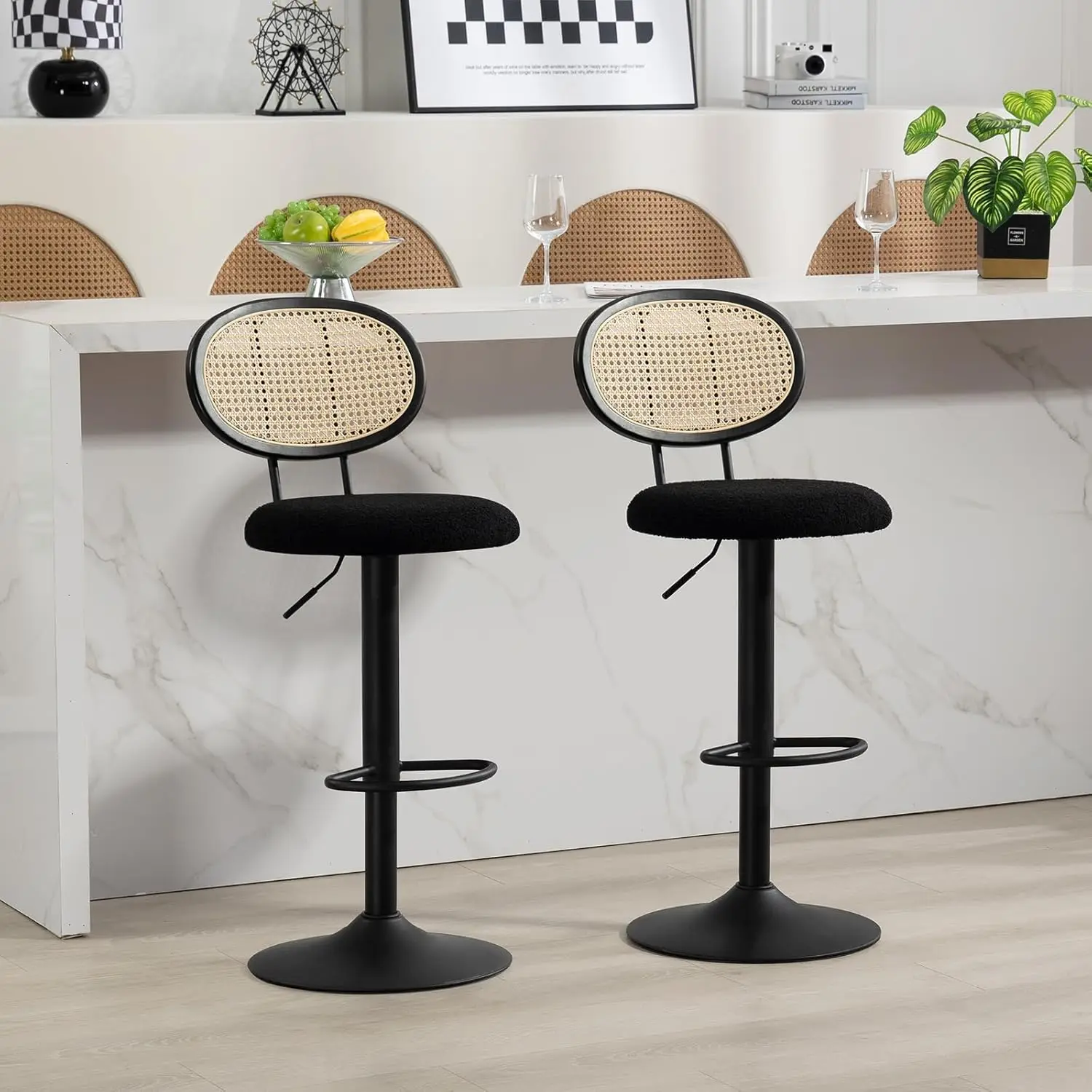 Finnhomy Modern Rattan Bar Stools Set of 2 - Natural Woven Design, Swivel Seat, Footrest, and Cane Backrest Bar Stools