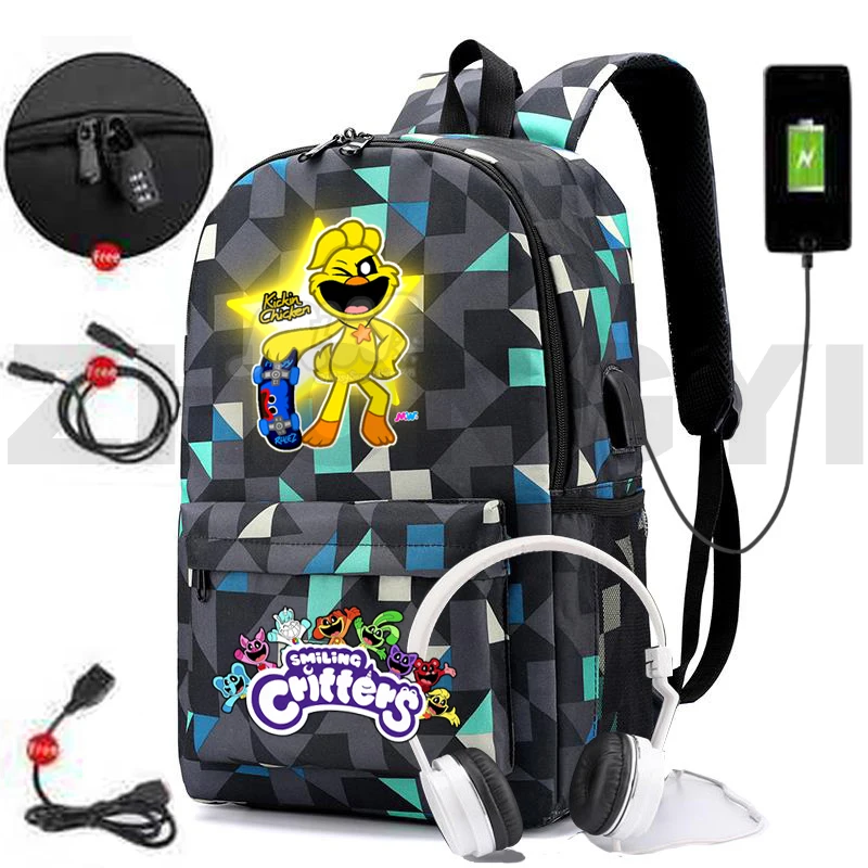 Canvas Smiling Critters Game Backpack Teenager College Notebook Urban Anti-theft Mochilas USB Charging School Back Pack for Boys