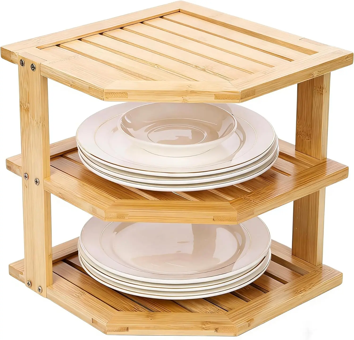 

3-Tier Bamboo Corner Shelf for Kitchen Cabinet Countertop, Plate Organizer and Space Saver for Dishes Bowls Bread Storage