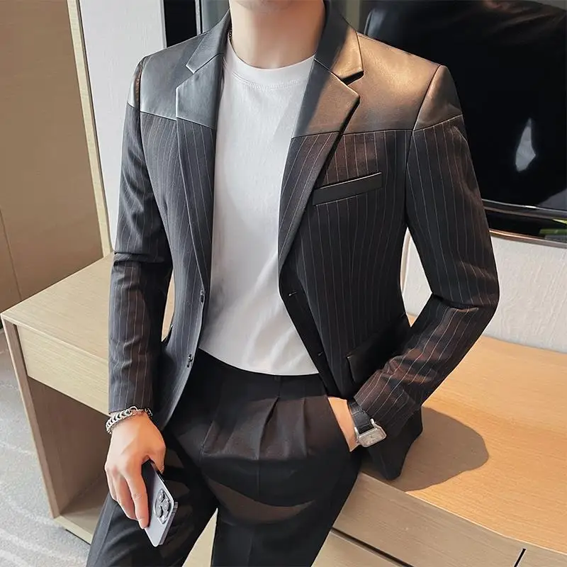 2-A90  Men\'s casual suit jacket, high-end slim fit, spring and autumn thin striped stindsome Korean style trendy suit tops