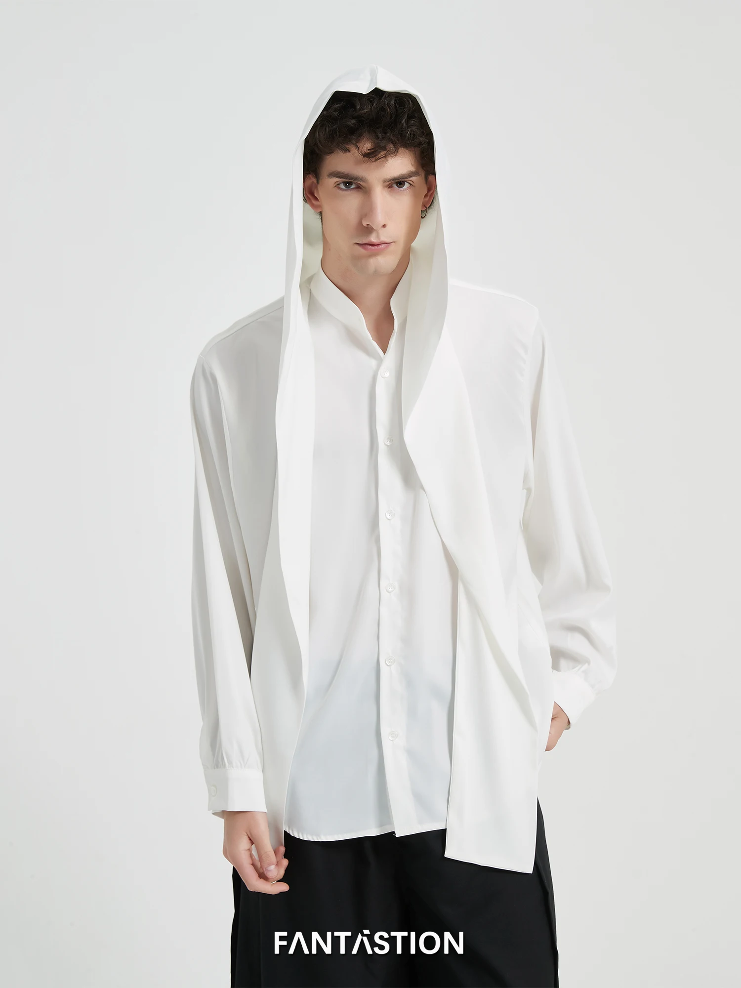 FANTASTION original design Shawl hooded shirt unisex ice silk long sleeved loose shoulder cardigan shirts for men's clothing