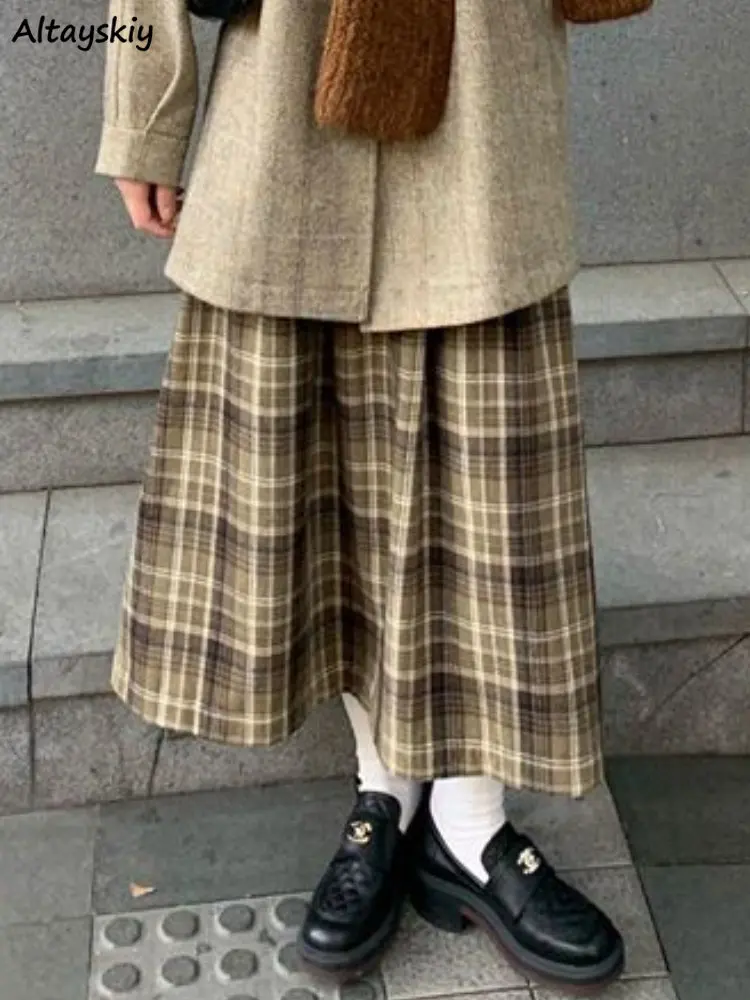 

Retro High Waist Thick Skirts Women Midi Plaid Pleated Preppy Winter Elegant All-match Students Streetwear Harajuku Ulzzang Chic