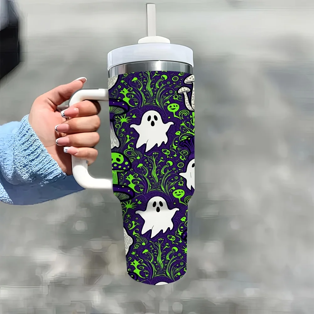 Halloween And Christmas 40Oz Cute Spooky Ghost Mushroom Printed Stainless Steel Insulated Tumbler with Handle And Straw, Reusable Leakproof Water Bottle for Travel Camping Office Home Daily Use