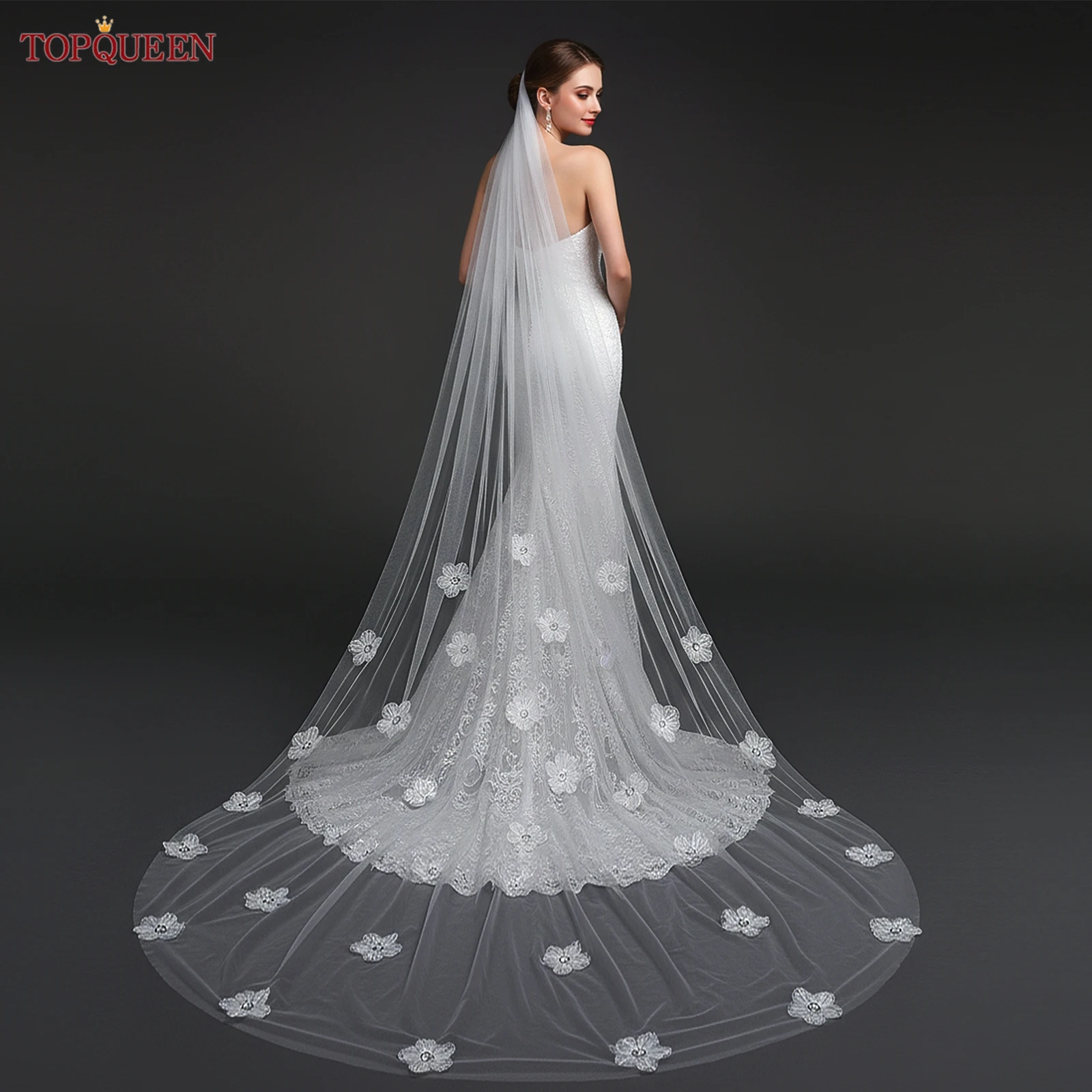 

Элегантная свадебная фата TOPQUEEN с 3D цветочными аппликациями, длинная свадебная фата с цветочным узором для невесты, аксессуар для свадебного платья V202