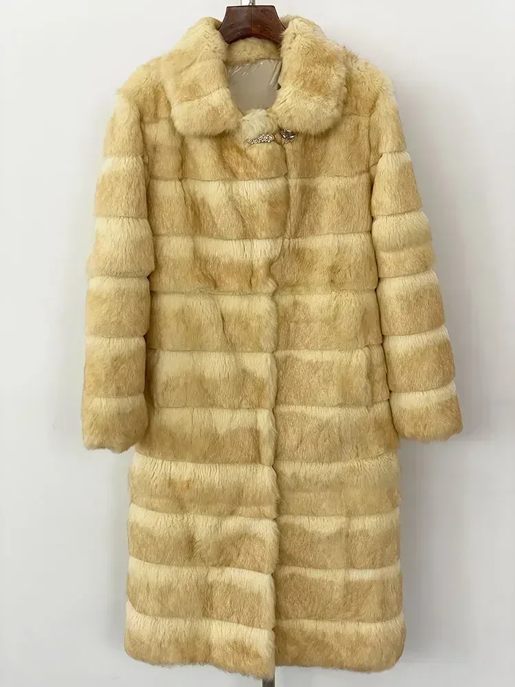 OverChester-Veste longue en fourrure de lapin naturel pour femme, Manteau chaud, Mode élégante, StreetChester, Hiver, 2024