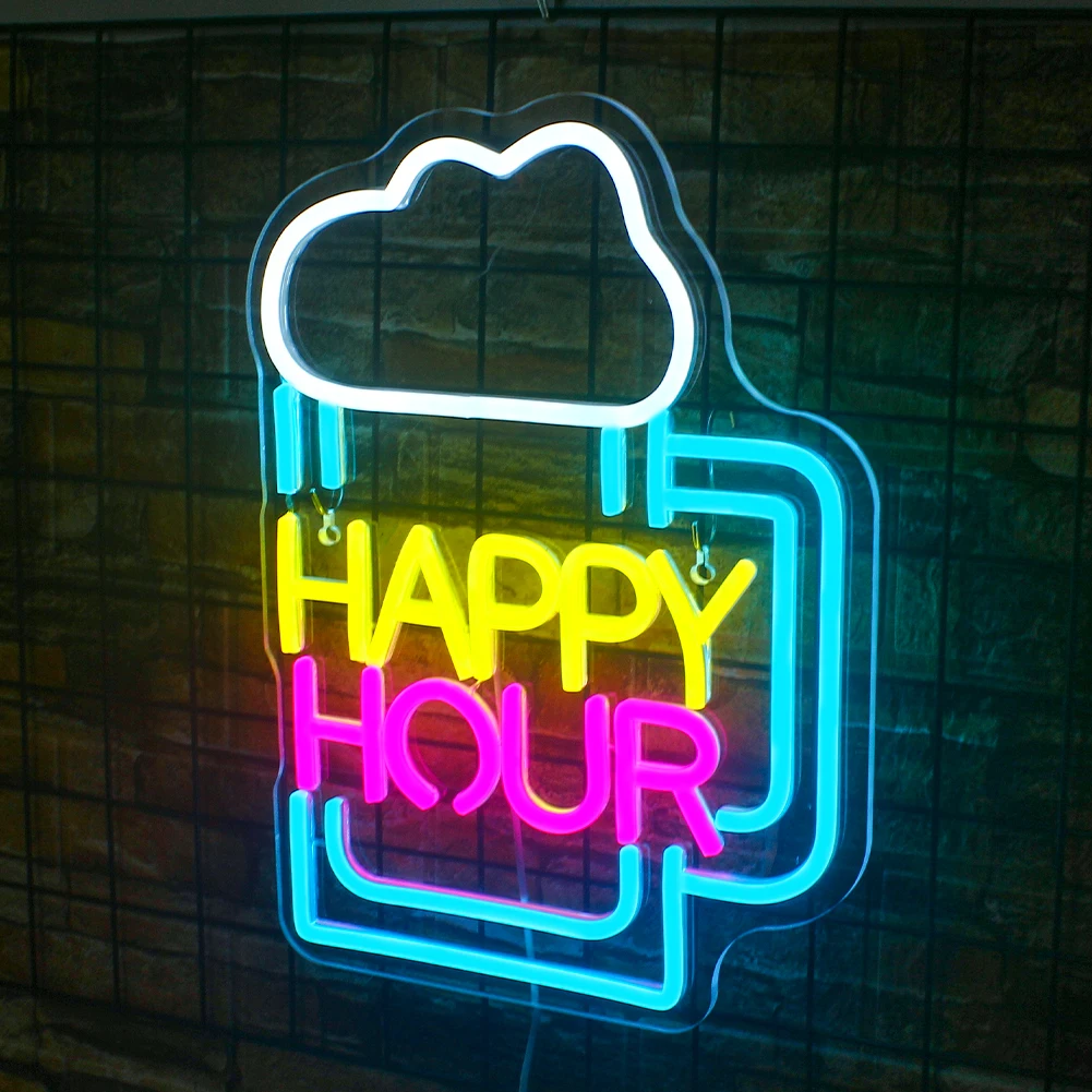 Happy Hour Neon Led Signs decorazione della stanza alimentato tramite USB per la decorazione della festa di compleanno luci al Neon lampade da parete per la decorazione del negozio