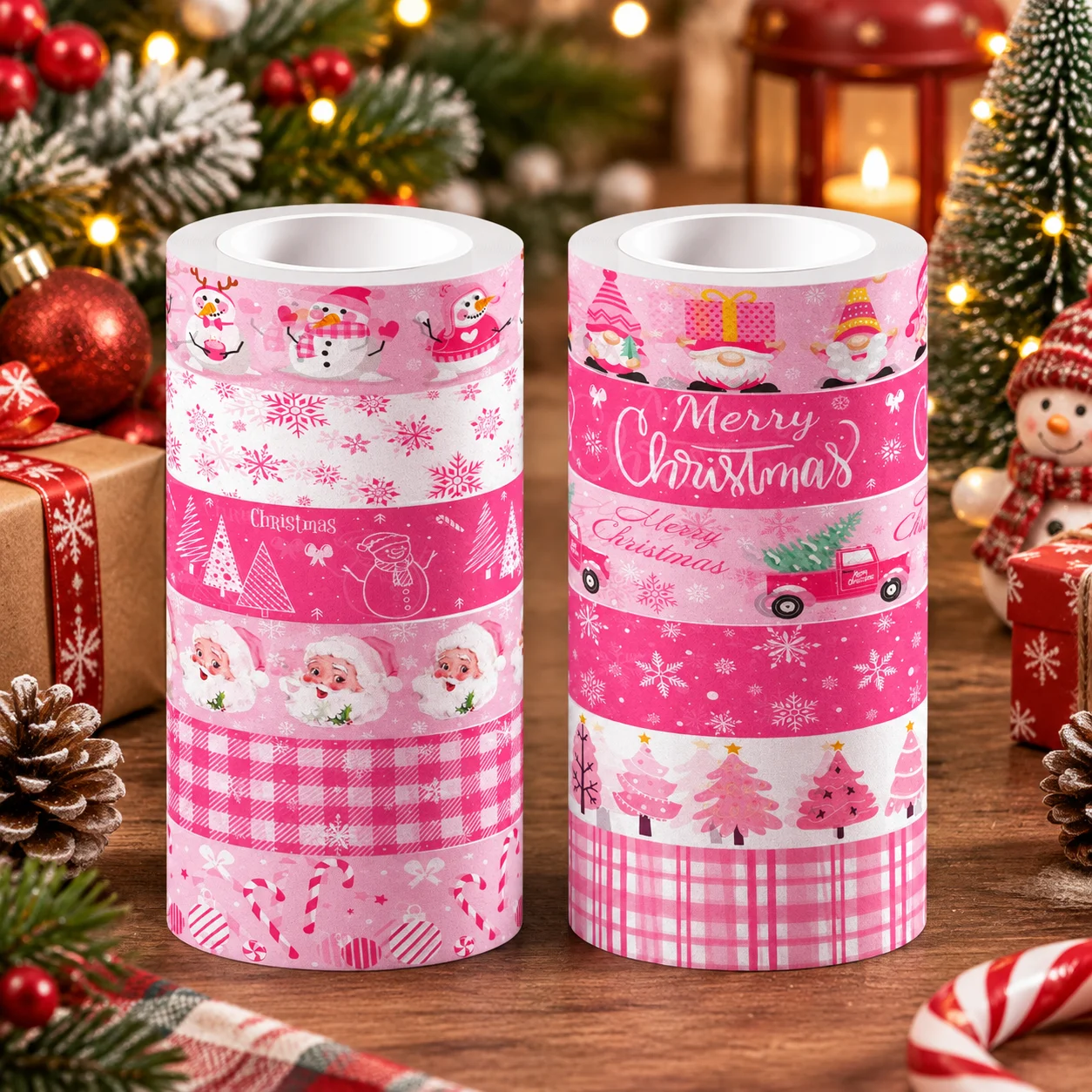 Pink Christmas Washi Tape Snowman Santa Plaid Decor Masking Tape Scrapbook Journal Gift Wrap DIY Craft