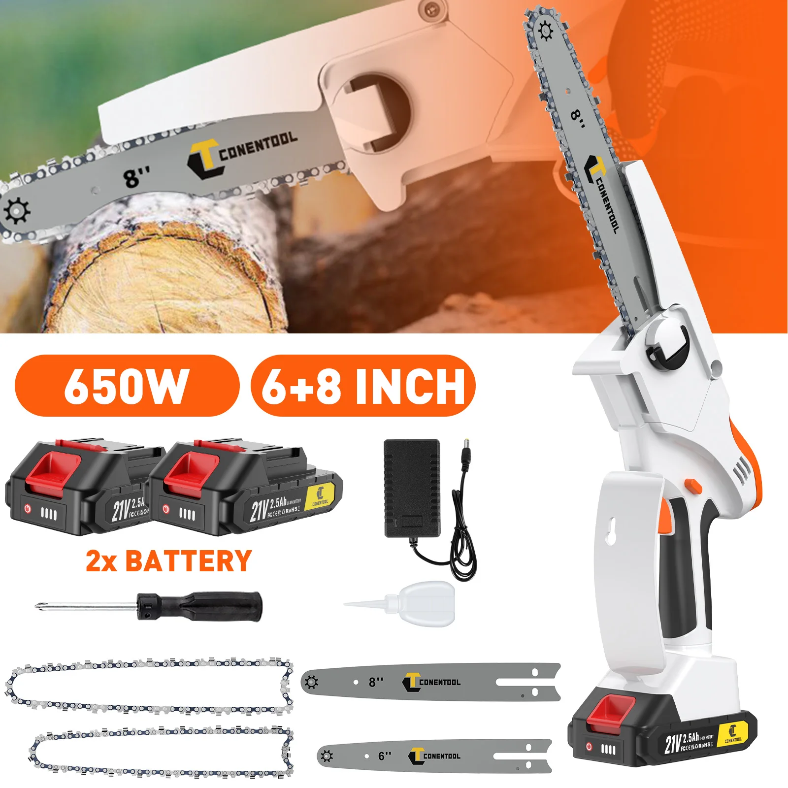 CONENTOOL Mini Chainsaw 8+6 Inch, 21V Cordless Electric Chain Saw with 2 Batteries, Handheld Wood Cutting Pruning Power Tool Set