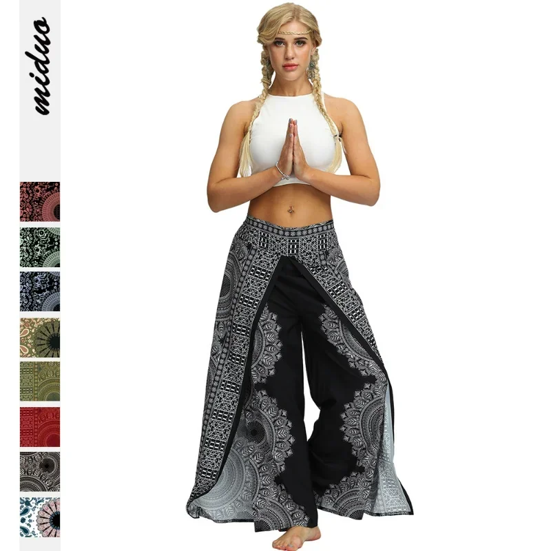 Women'S Palazzo Slit Split Wide Leg Pants Summer Casual Beach Boho Hippie Bohemian Indian Pilate Flowy Wrap Workout Yoga Pan MN4