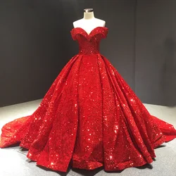 Pengpeng Skirt 2024 Handmade Customized Bridal Ball One Line Neck Sequin Large Display Red Dream Tail Wedding Dress