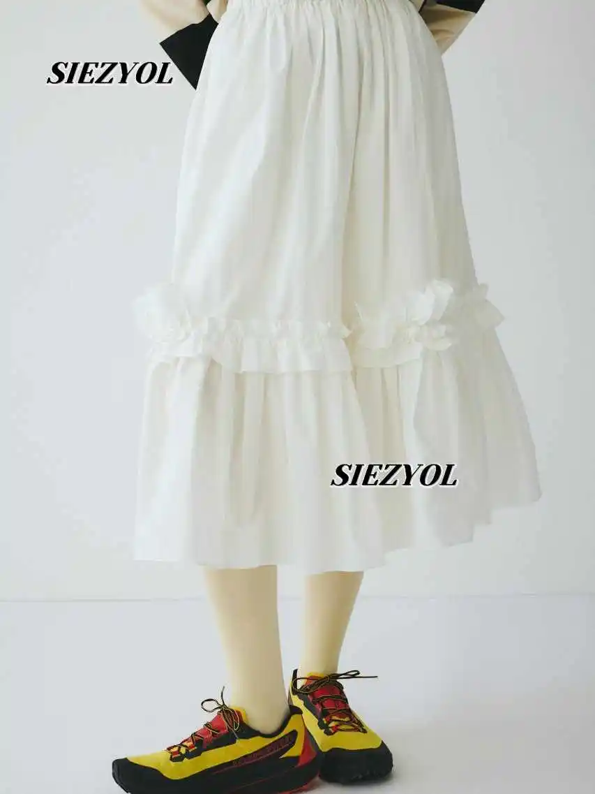 Japanese Elastic Waist Cake Skirts Fashion Ruffle Edge Long Skirt for Women Autumn New Sweet Cute Girls Black Versatile Skirts