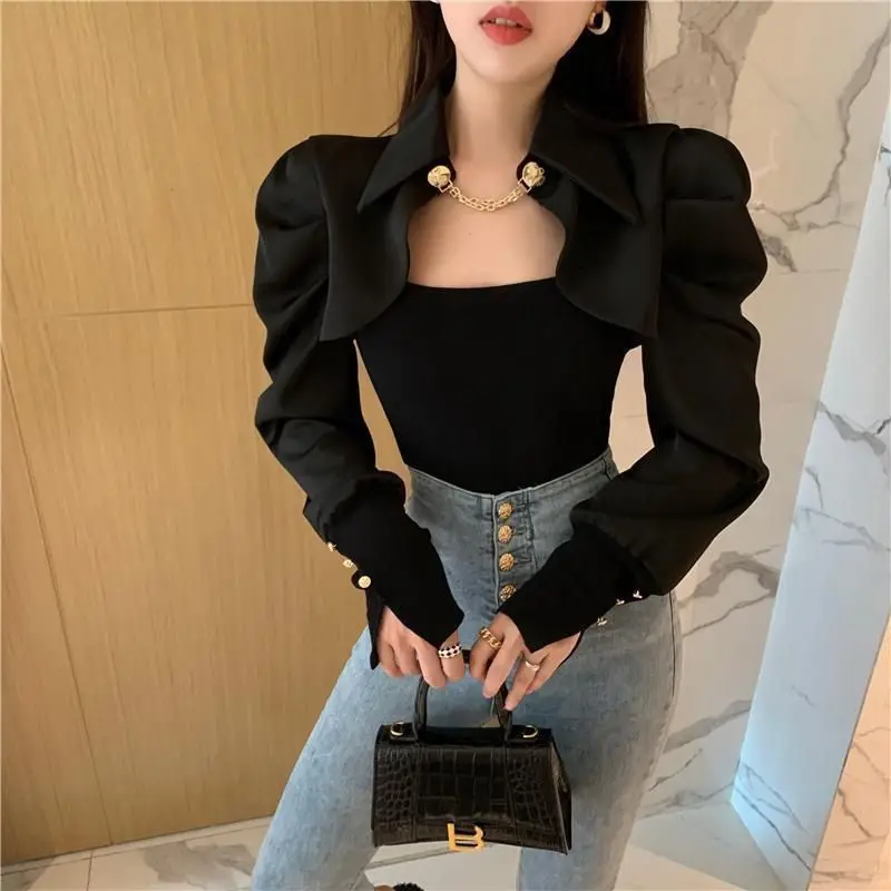 Shirts Women Patchwork Design Slim Casual Tops Long Puff Sleeve Temper Stylish All-match Blouse Mujer Seductive Personality New