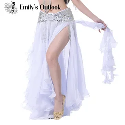 Chiffon Skirt Women Belly Dance Performance Show Costume Sexy Two Side Split Tribal Maxi Full Skirts Swing 2 Ear Stage Clothes