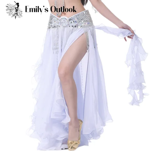 Falda de gasa para mujer, traje de espectáculo de danza del vientre, faldas largas tribales con abertura lateral sexi de dos lados, ropa de escenario con 2 orejas