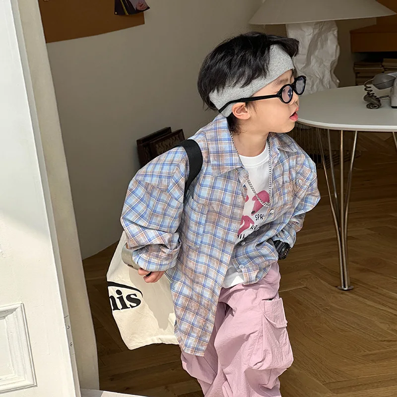 

2025 Autumn New Children's Casual Checkered Color Blocked Printed Cotton Collar Handsome Shirt