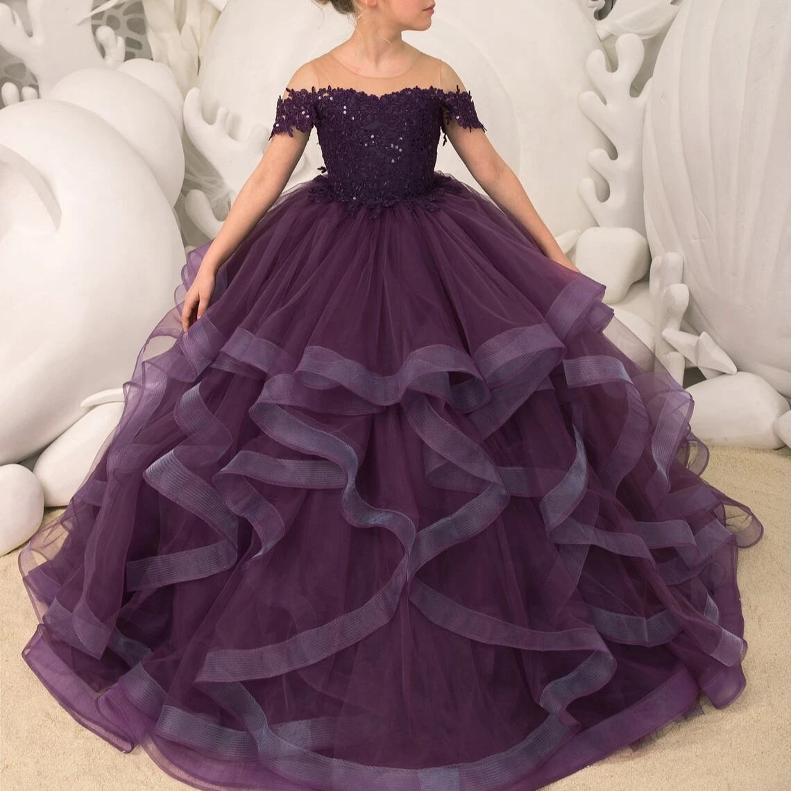

Customized Flower Girl Dress Purple Round Neck Off-shoulder Split for Wedding Party Birthday Princess Tulle Gown
