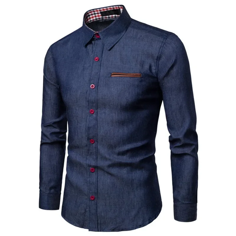 Casual Men's Long Sleeve Shirt Patchwork Pocket Denim Cotton Slim Fit Casual Shirt Smooths Your Silhouette Spring Autumn