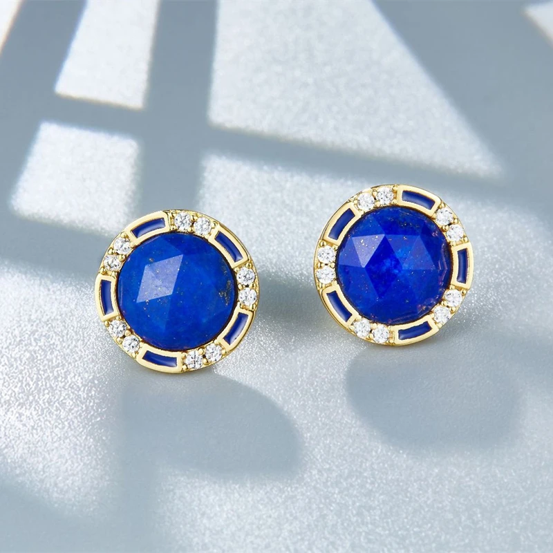 Natural Lapis Lazuli 925 Silver Gold Plated Zircon Round Earrings For Women Minimalism Simple Blue Stone Chic Earring 2023 New