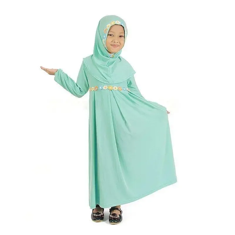 2 Piece Kids Girls Muslim Khimar Prayer Long Sleeve Maxi Dress Hijab Set Islamic Arabic Kaftan Dubai Traditional Kaftan Eid Gown