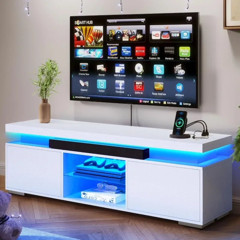 TV Stand with RGB LED System, 4 AC Power Outlets, Ample Storage Space, Sturdy Construction, Easy Assembly, White