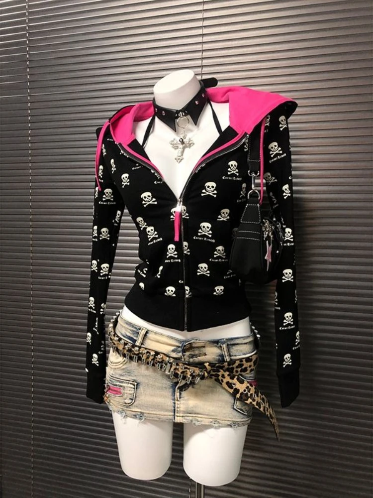 American Vintage Subculture Long Sleeve Hoodie Bodycon Women Casual Punk Skull Print Sweatshirt Zipper Y2k Harajuku 2025 Autumn