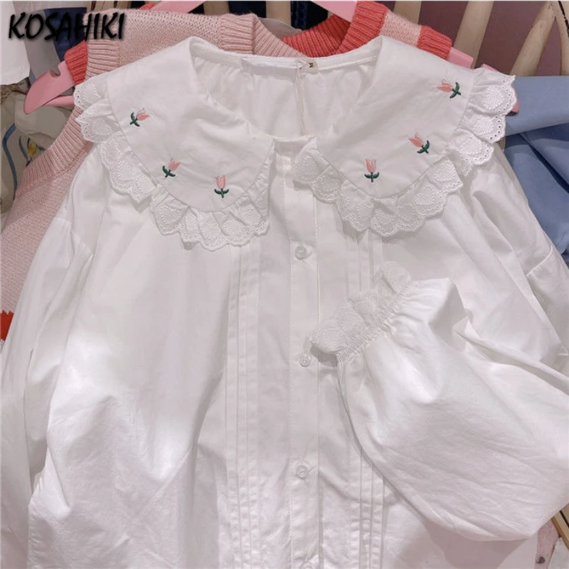 2024 Flower Jk Shirts Women Kawaii Peter Pan Collar Japanese Style Lolita White Lace  Blouse Student Top Daily Sweet Fashion