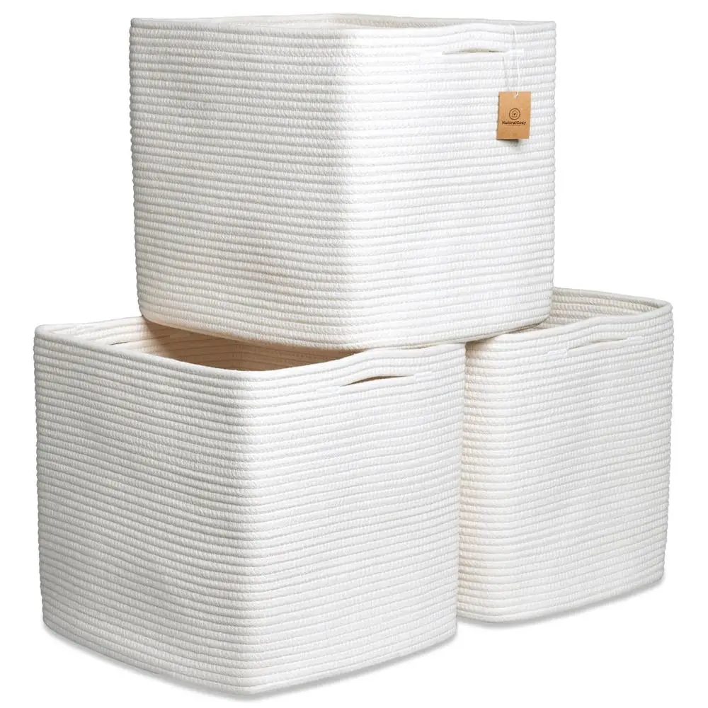 Kallax Storage Cubes Bins 3 Pack Cotton Rope Cube Storage Bin Woven Baskets Organizing Inserts Reinforced Hidden Handles