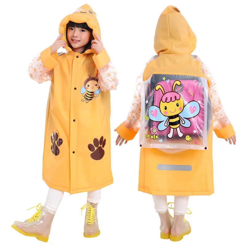 Summer Children\'s Raincoat Boys Girls Cute Cartoon PVC Waterproof Hooded Poncho with Backpack Position Student RainWear