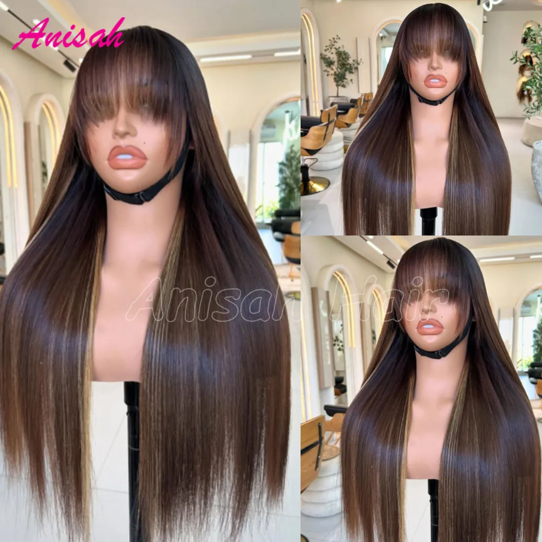 

Bone Straight Highlight Wigs Human Hair 13x4 Lace Front Wig with Bangs Brazilian Colored Lace Closure Glueless Wigs for Women