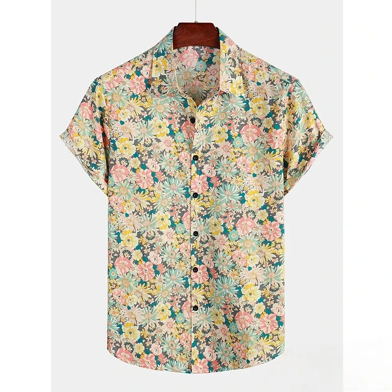 Hawaii Men's Summer Floral T-shirt Beach Floral Printed Short Sleeve Button Collar Shirt Top Men's Adult Design Casual Clothing