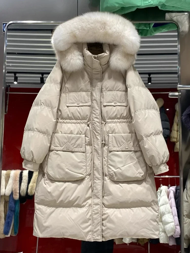 Large Size Loose Down Jacket Winter New Commuting Hooded Big Fox Fur Collar Splicing Mid-Length Thick 90 White Puffer Coat Women