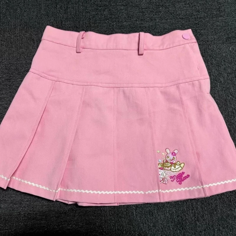 Japanese Pink Cute Childlike Embroidered Women's Pleated Mini Skirt Summer New Sweet Versatile Age-reducing A-line Skirts Ladies
