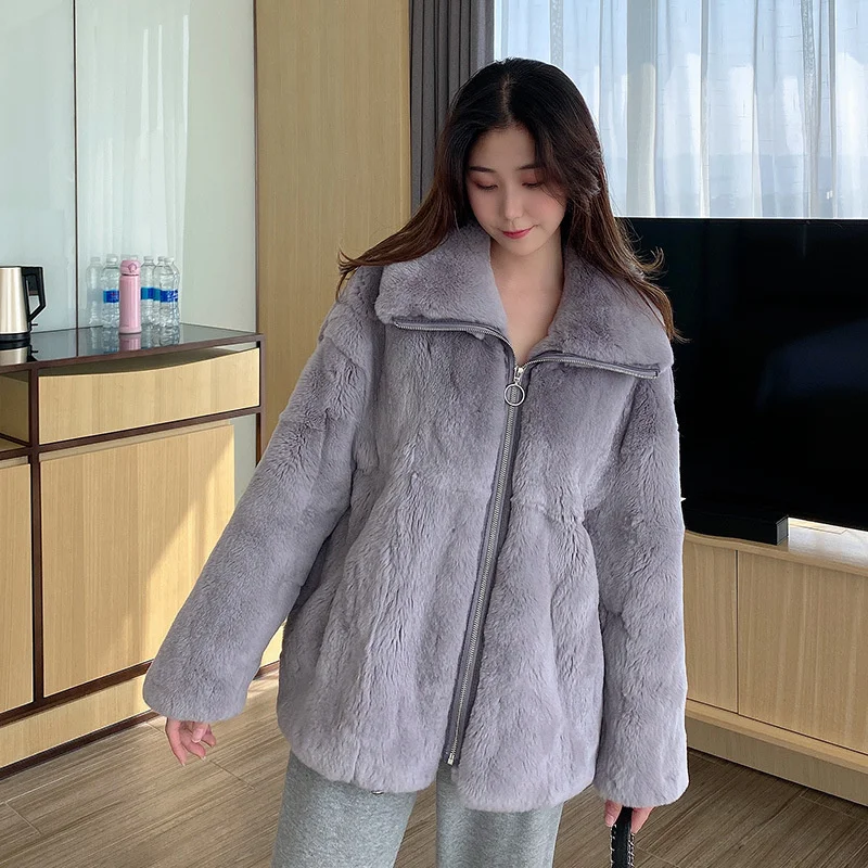 

Winter Rex Rabbit Fur Women's Coats Casual Sports Middle and Long Zipper Stand Collar Solid Double-faced Real Fur Jackets Female