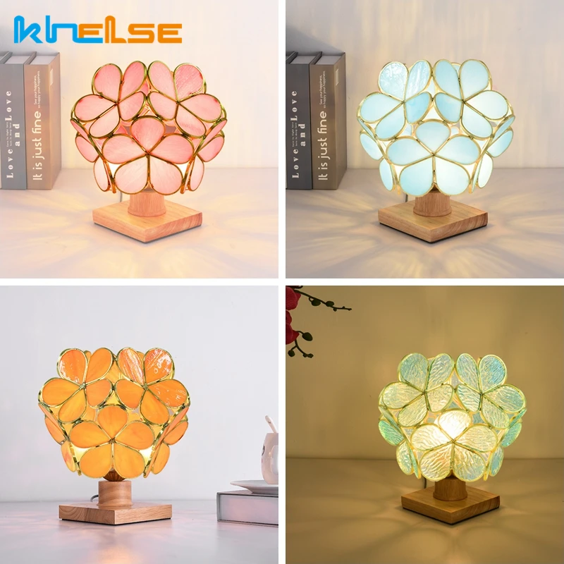 

Nordic Copper Glass Flowers Table Light E27 Tiffany Stained Glass Petal Bedroom Bedside Night Stand Lamp Home Decoration Light