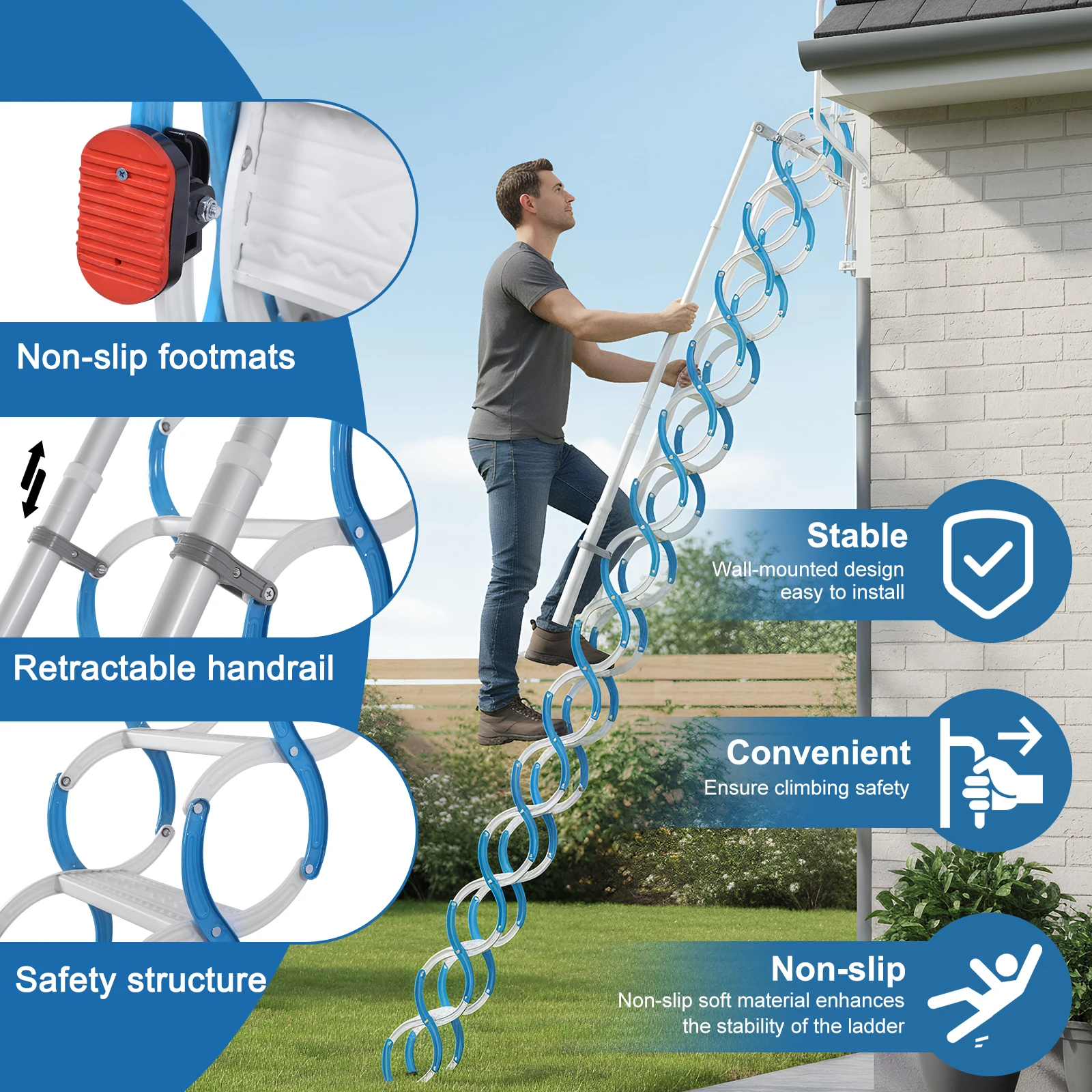 

Ceiling Mount Attic Ladder Invisible Telescoping Attic Stairs Manganese Steel with Handrails Suitable for Garages Roofs Basement