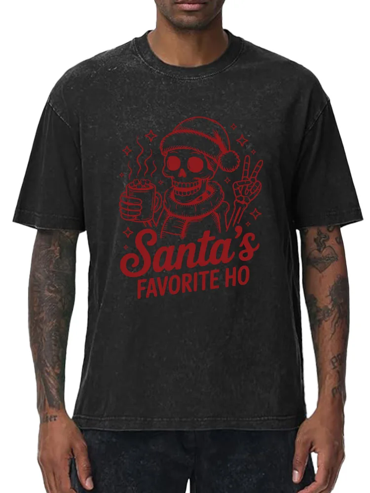 

Santa's Workshop Men's Oversized Washed Graphic T-Shirt Christmas Print Streetwear Tee Vintage Casual Top