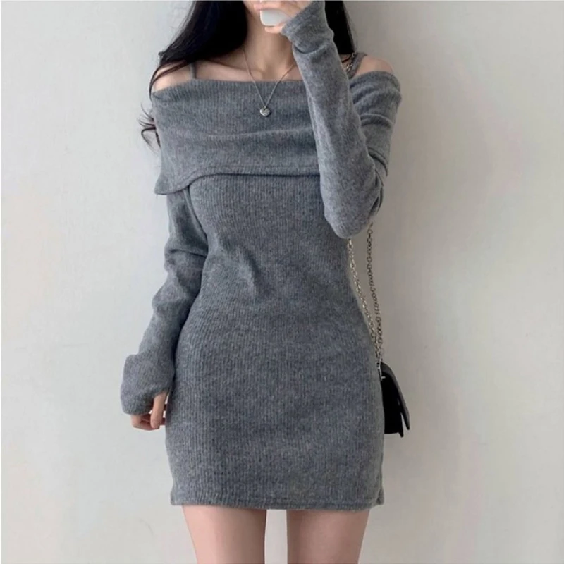 Y2K Women Knitted Mini Dress Korean Sexy Off Shoulder Female Dress Spring New Spaghetti Strap Long Sleeve Ladies Vestidos