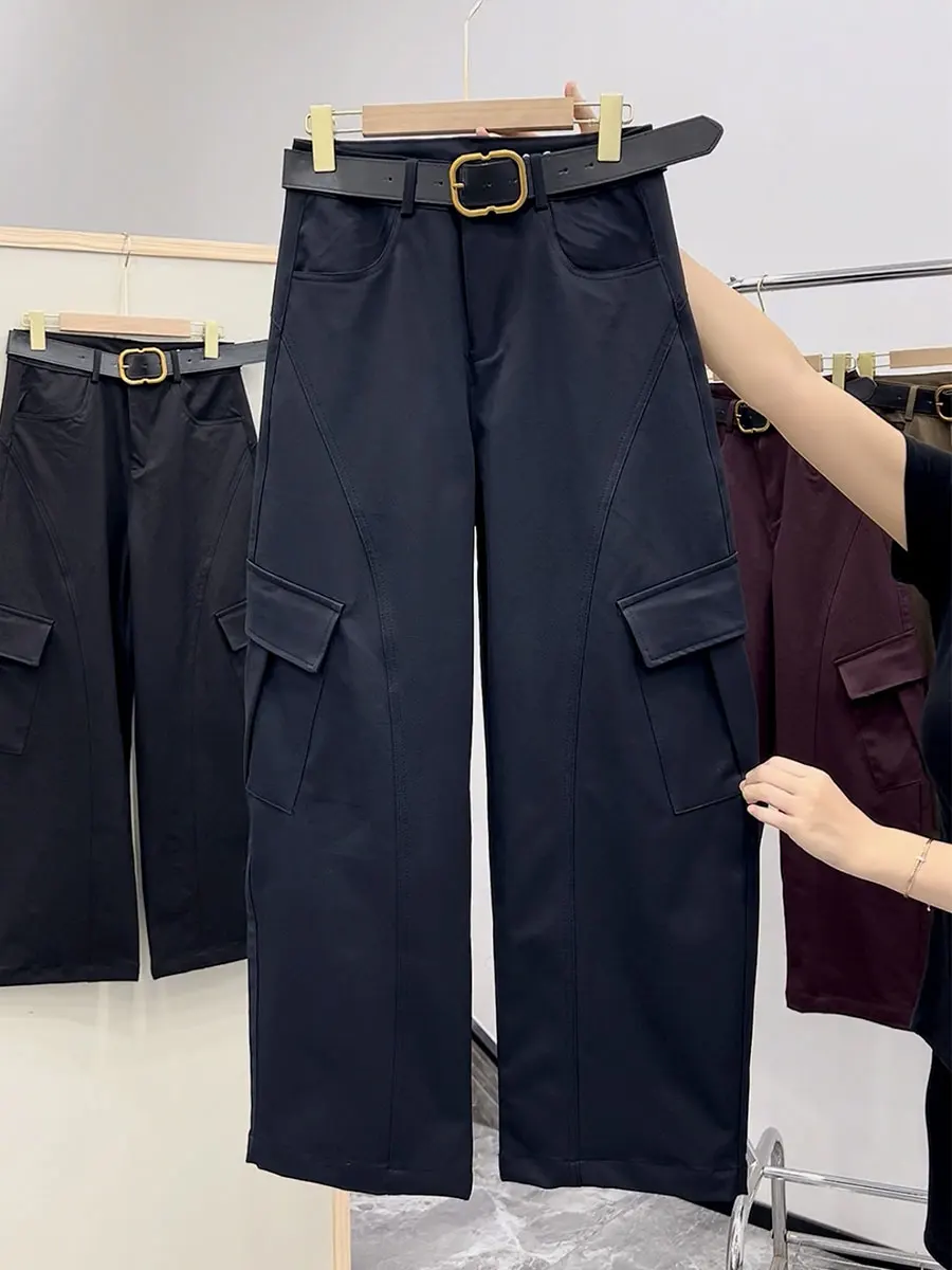 

Новые женские рабочие брюки Осень 2025 с поясом, широкие брюки-палаццо, большие размеры, повседневные, в европейском и корейском стиле, с высокой талией, свободного кроя