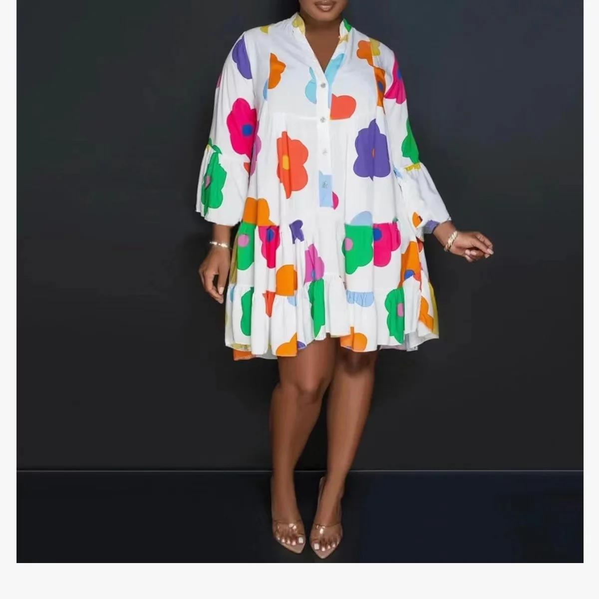 

Casual Loose Print Shirt Dress Women Fashion V-neck Flared Sleeves Dresses For Women 2025 Boho Ruffles Patchwork Dress Ladies