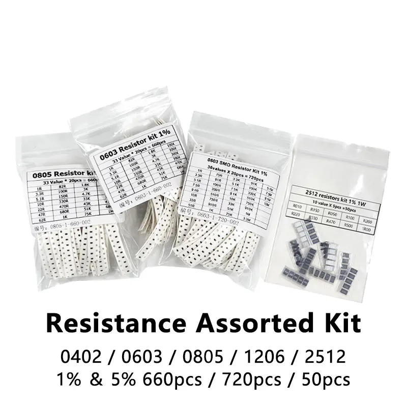 50-4000 szt. Zestaw rezystorów 0603 0805 1206 1210 0402 Zestaw rezystorów SMD 1R-1M 1% 33 wartości X 20 SZTUK 660 SZTUK Próbka