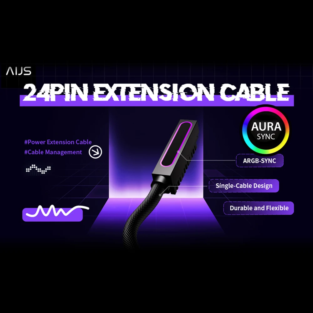 

AIJS ATX 24PIN Right Side Extension Cable,ARGB 5V 3Pin,18AWG One-Line Male-to-Female connector