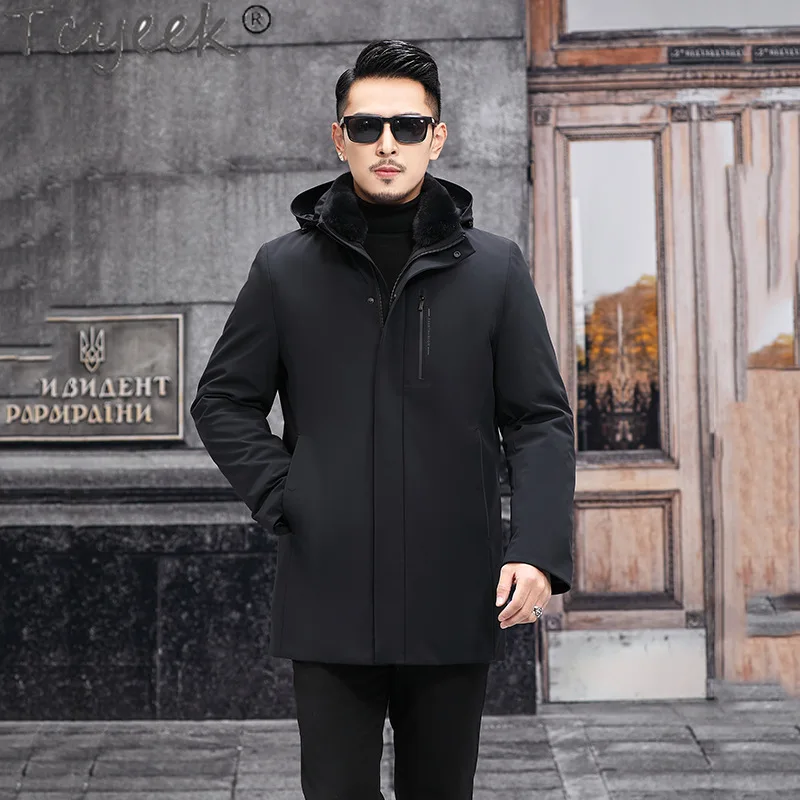 Tcyeek Real Mink Fur Coats Winter Warm Mens Fur Parka Slim Fashion Men Clothes Black Mid-length Jacket Korean Casaco Masculino