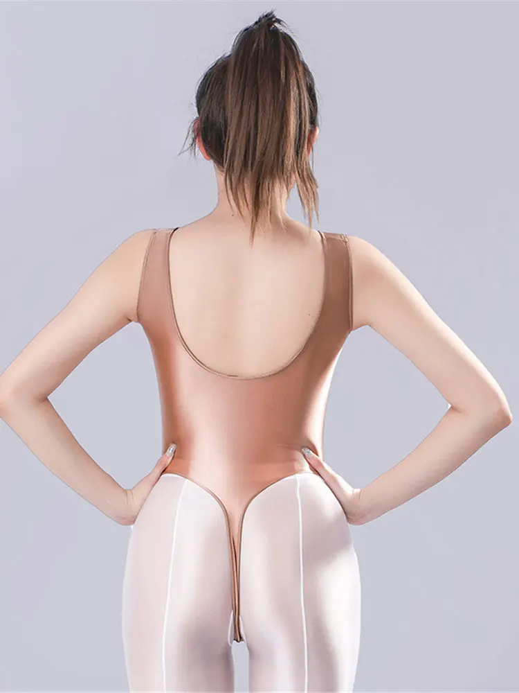 

Women Fashion HIgh Cut Bodysuit Oil Gloosy Elastic Tights One Piece Yoga Dance Wear Smooth Shiny Shaping Leotard Candy Color