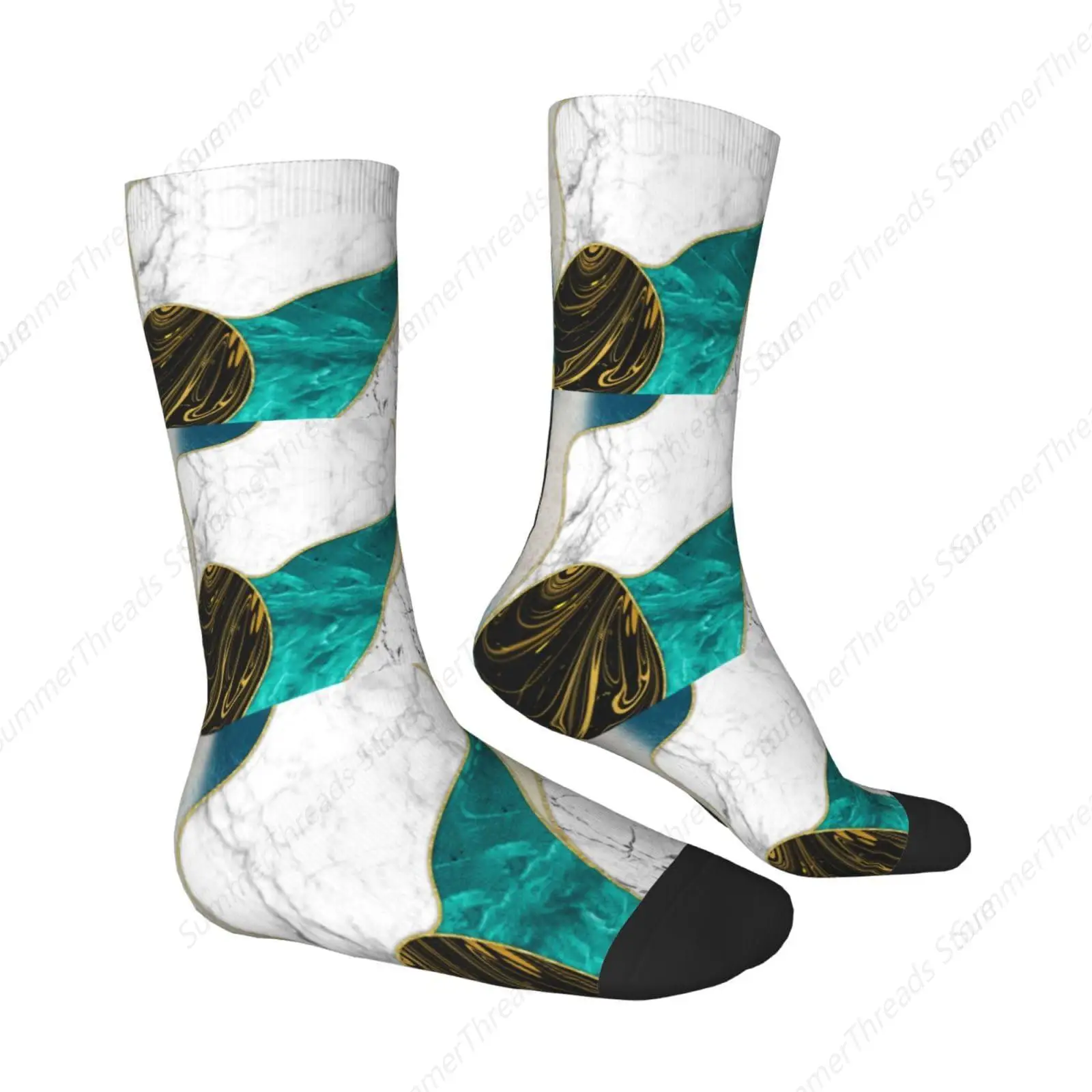 Abstract Watercolor Painting Gold Blue Turquoise Black White Gray Marble Unisex Socks Funny Novelty Colorful Crew Socks Casual